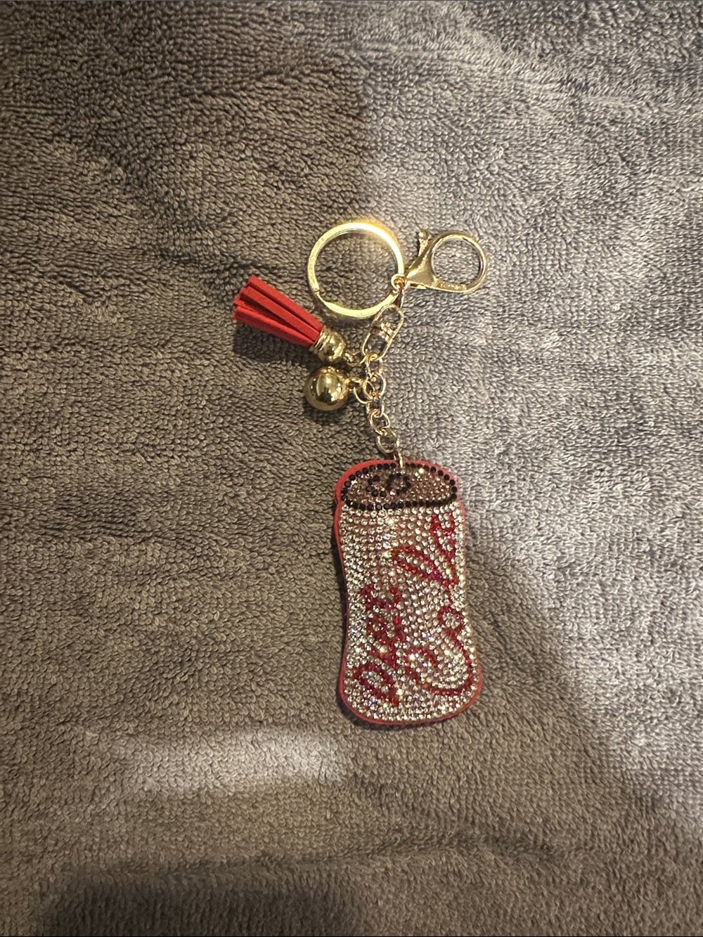 Rhinestone Red Soda Bottle Keychain or bag accessory with Tassel